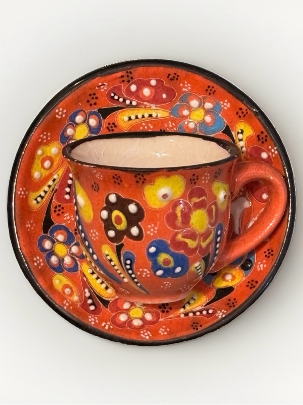 Vintage Turkish Art Pottery Coffee Cup & Saucer Hand Painted Floral Kütahya